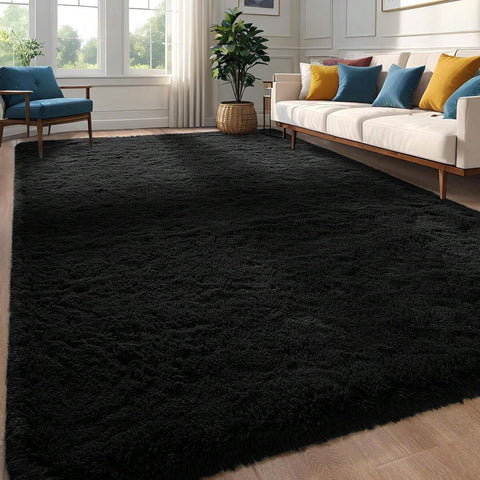 Living Room Rugs, Bedroom Rugs – Ultra Soft Plush Rug, Fluffy Shaggy Carpet, Washable Area Rug With Non-Slip Backing & 4 Free Grip Stickers, Modern Home Dorm Decor, Multiple Sizes 4x6 5x7 6x9 8x10 9x12 10x14, Black Rug